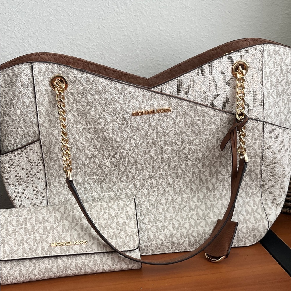 Michael Kors Cream and Brown Tote Bag and full size wallet
